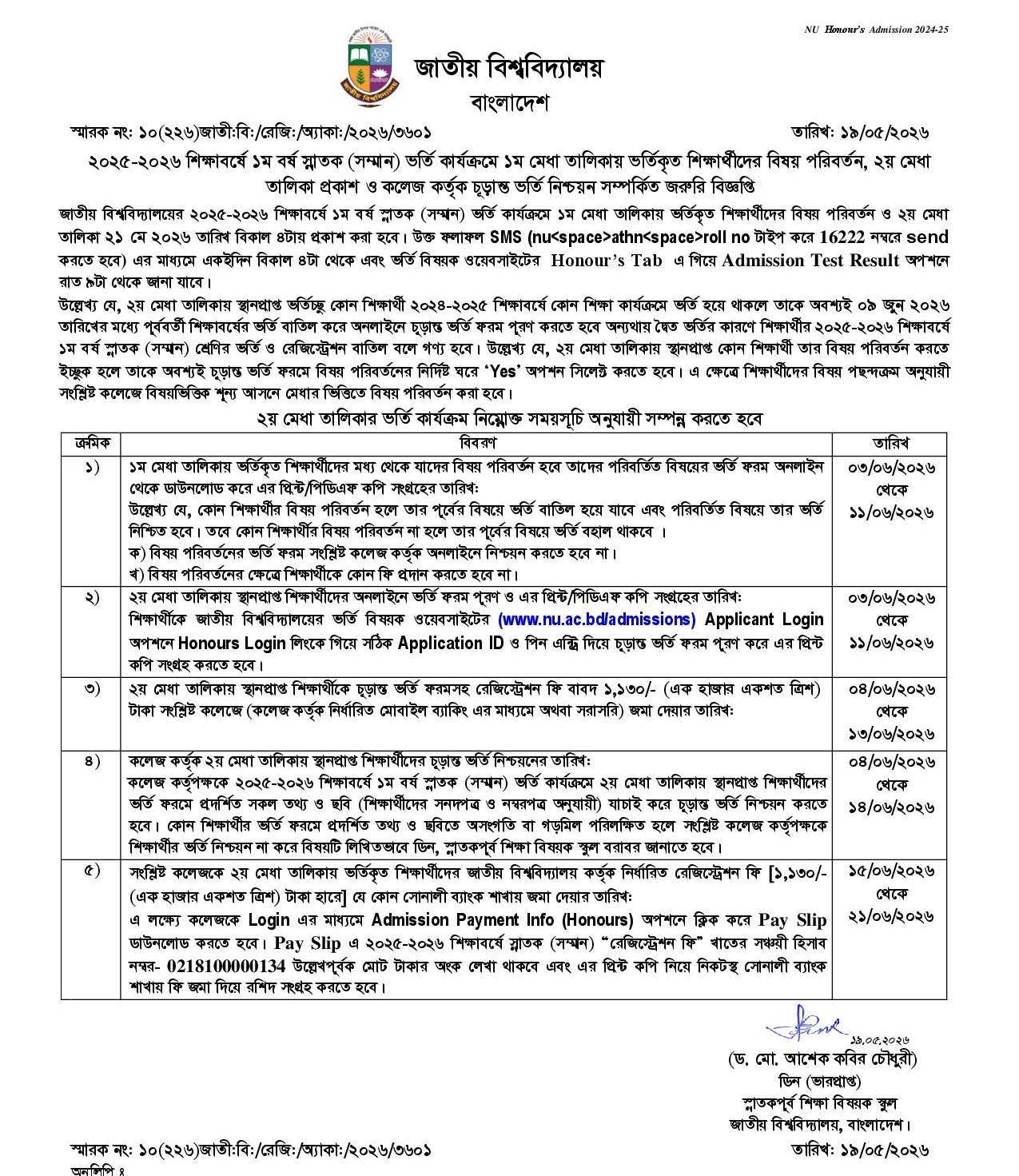 NU 2nd Merit List Result 2026